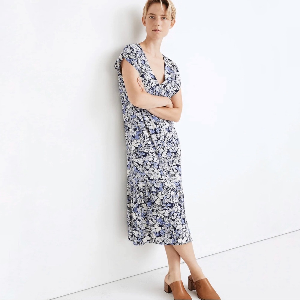Madewell blue white button-front Ruffle-hem midi dress floral size XS